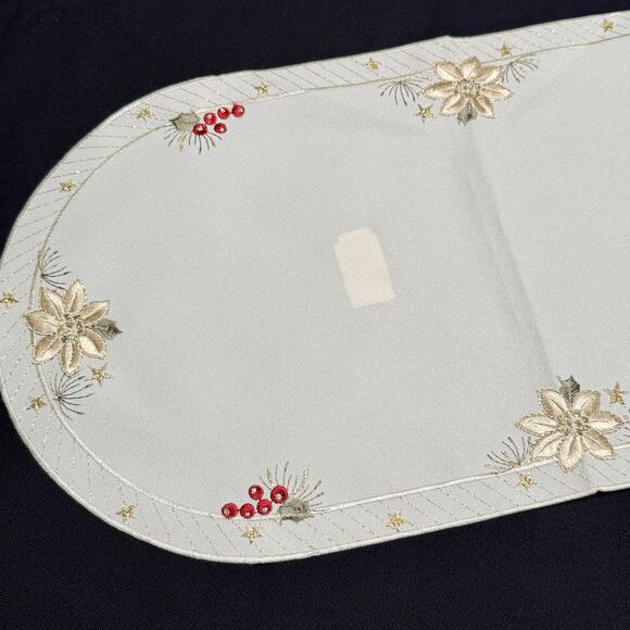 German Embroidered Christmas Table Runner 11x22 Gold Thread Poinsettia Place Mat - Picture 7 of 7